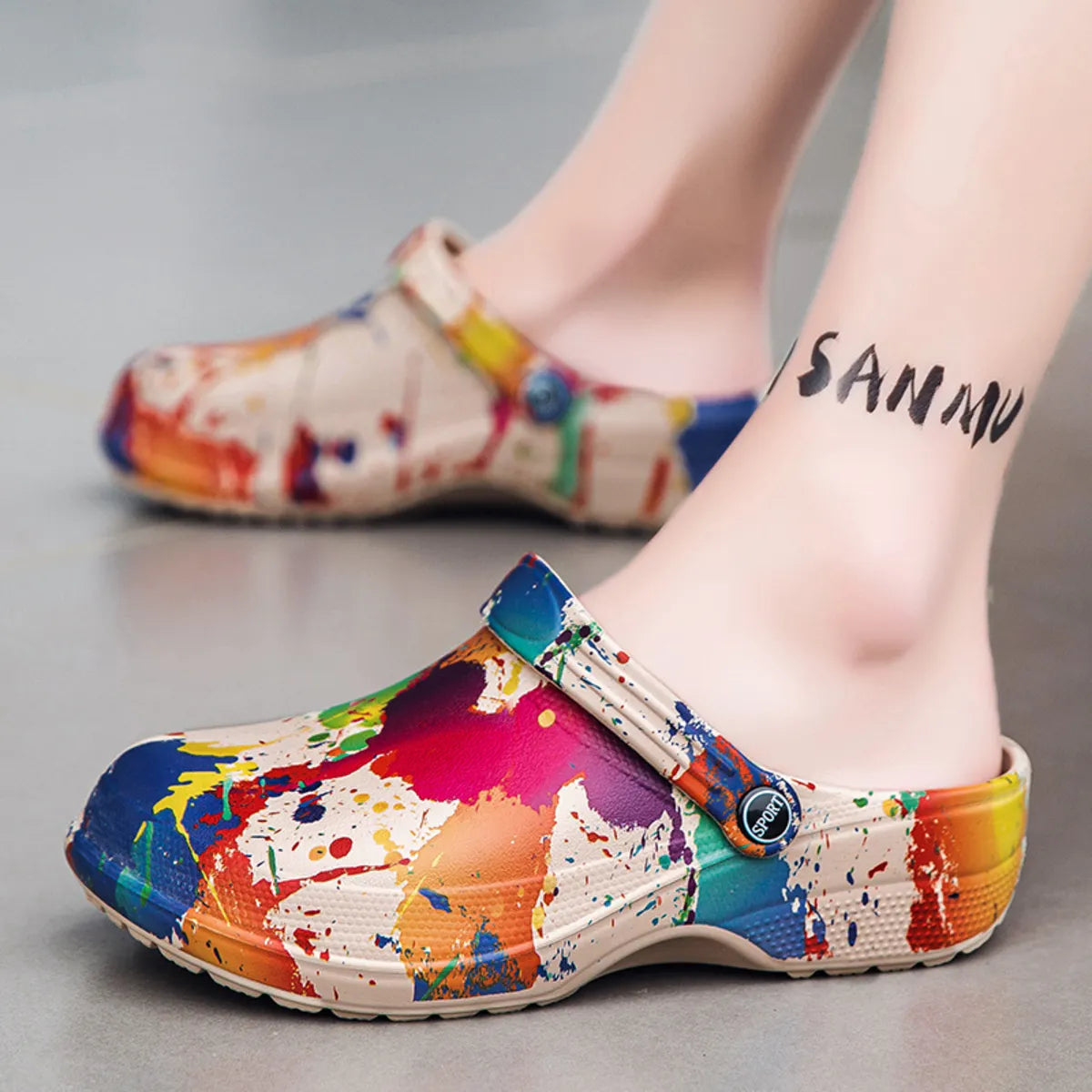 Colorful paint splash men's sandals by Plush Fashion Hub, showcasing vibrant footwear with a bold, artistic design.