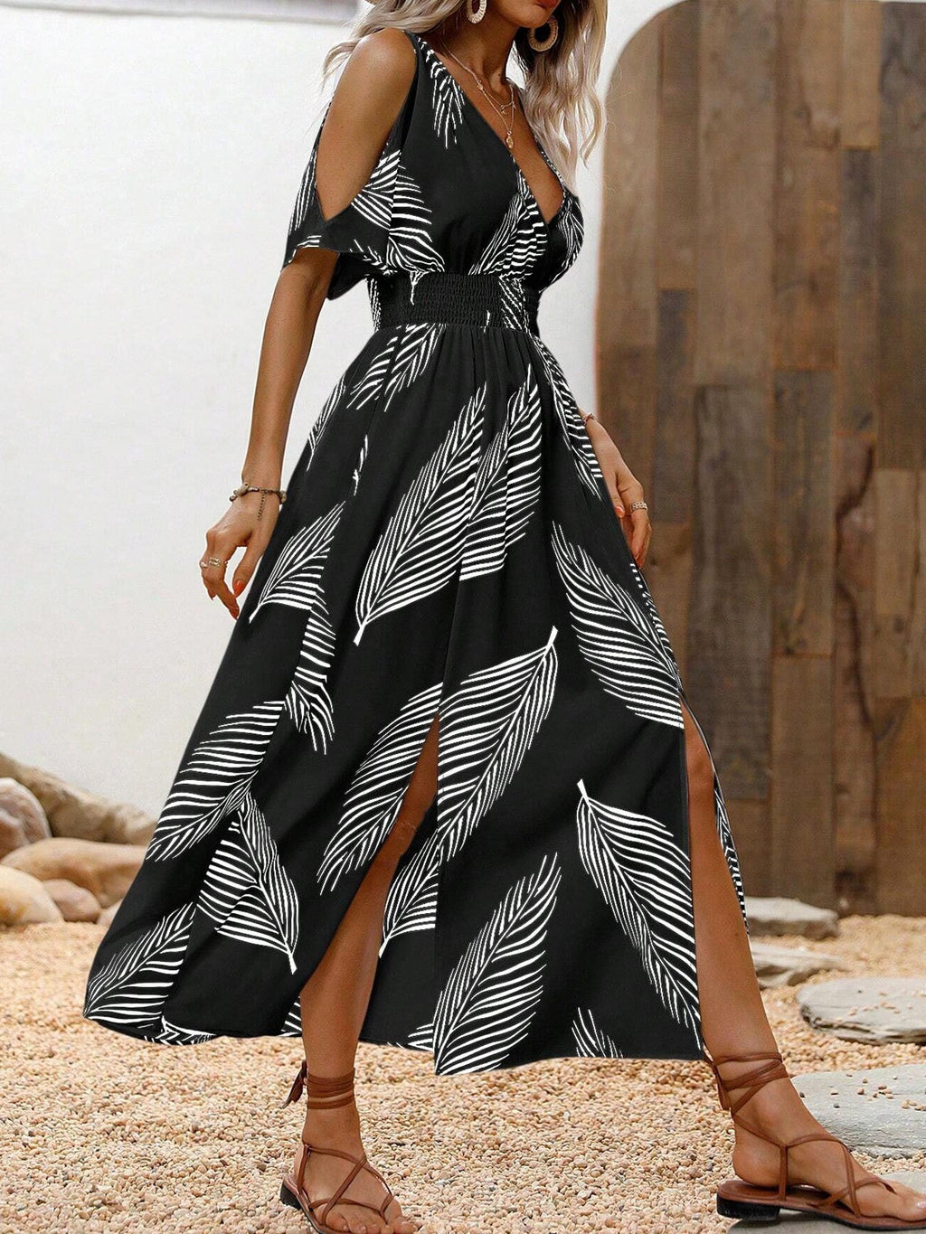 Women’s off-shoulder cross V-neck maxi dress by FitiqueFit, casualwear with flowing fabric and elegant off-shoulder design.