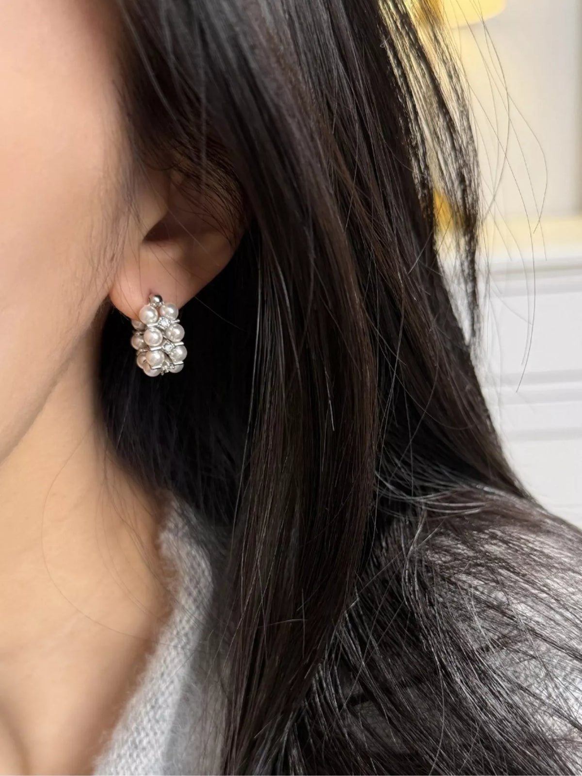 Elegant pearl hoop earrings by Plush Fashion Hub featuring classic white pearls and gold-tone hoops.