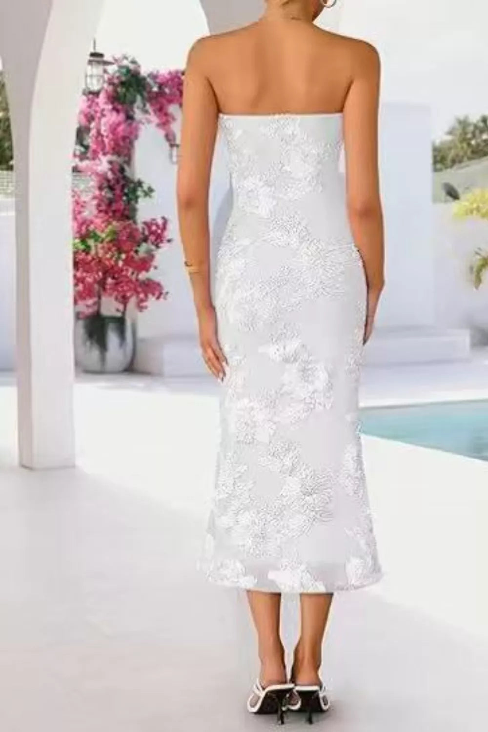 Strapless lace embellished midi dress by Plush Fashion Hub featuring intricate lace details and a fitted silhouette.