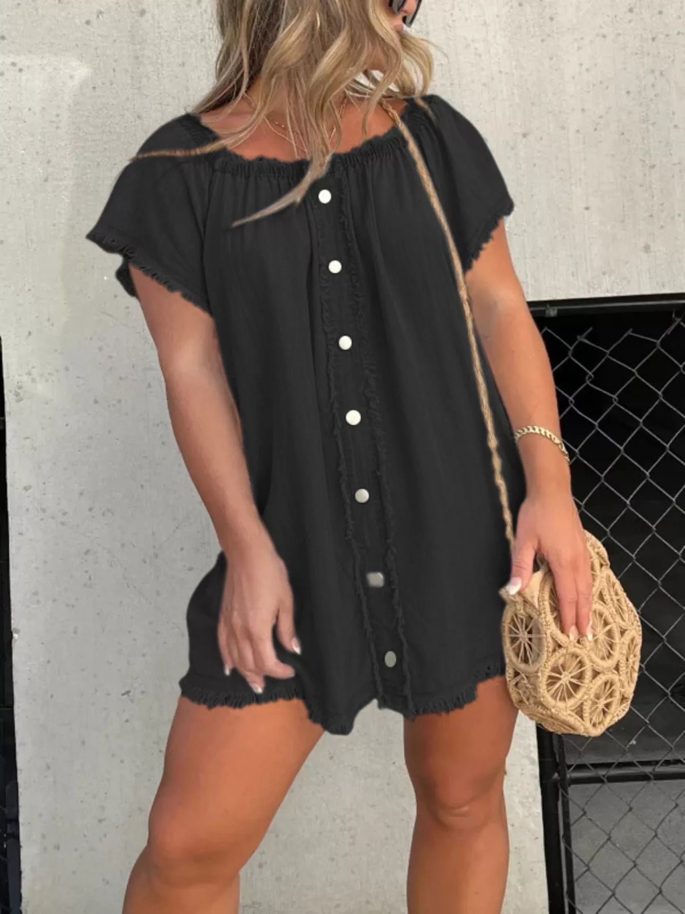 Plus size off-shoulder denim dress with button-down front, frayed hem, by Trendsi, styled for a casual, trendy look.