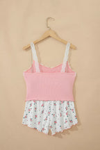 Ribbed knit lace straps patchwork cropped top with floral short lounge set featuring lettuce hem, trendy and stylish for casual wear.