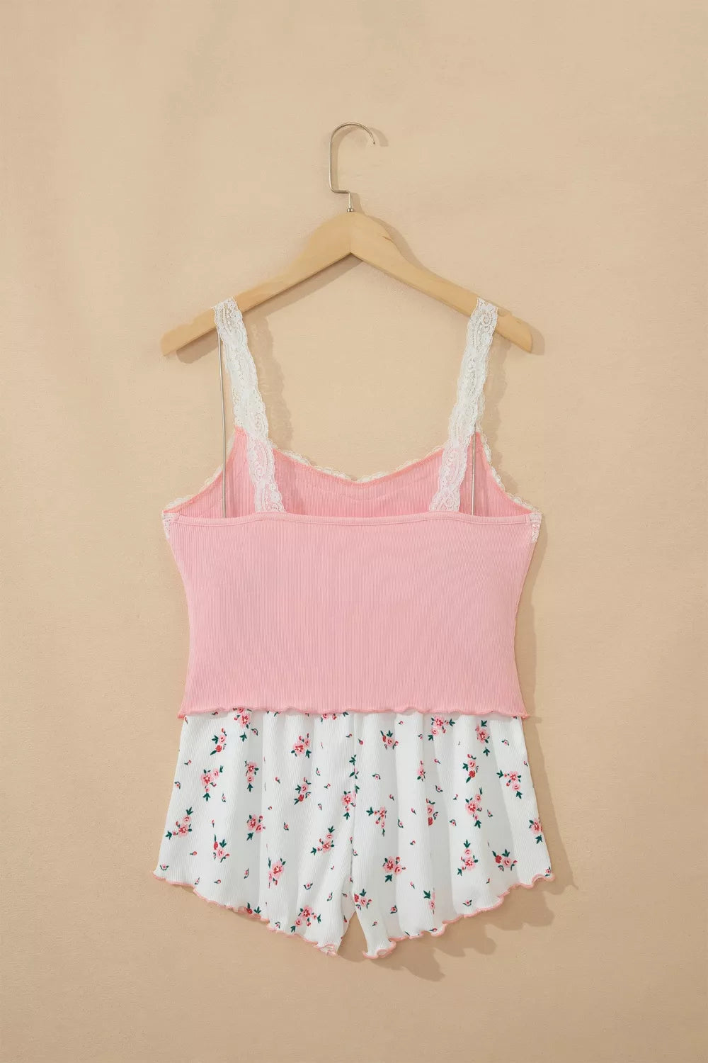 Ribbed knit lace straps patchwork cropped top with floral short lounge set featuring lettuce hem, trendy and stylish for casual wear.