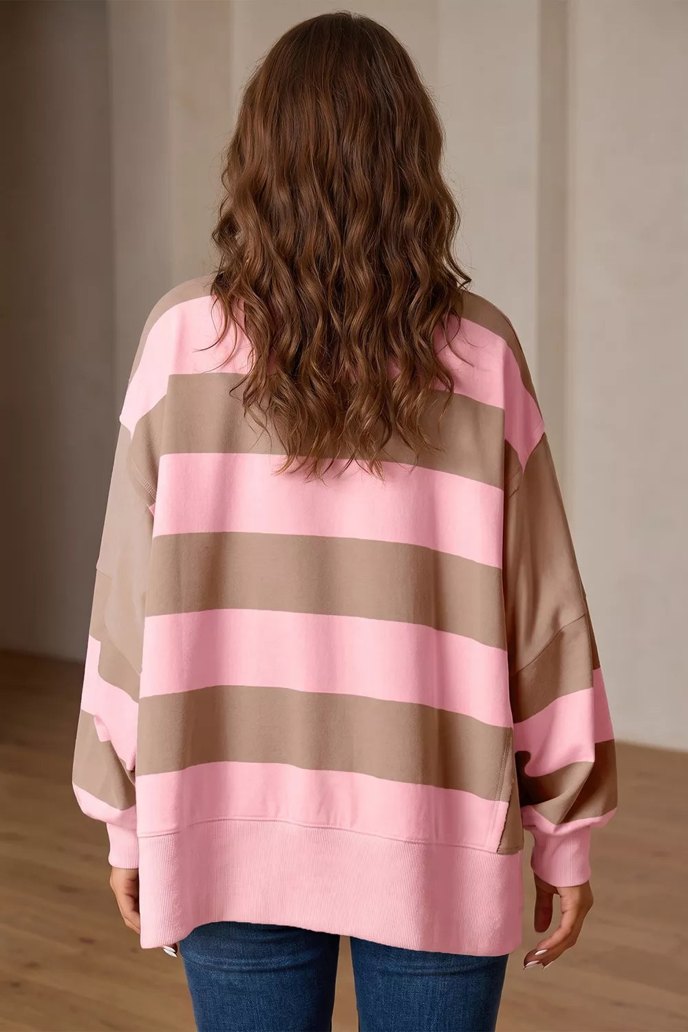 Oversized colorblock striped long sleeve sweatshirt with patch pocket and split hem, trendy casual sweatshirt from Trendsi.