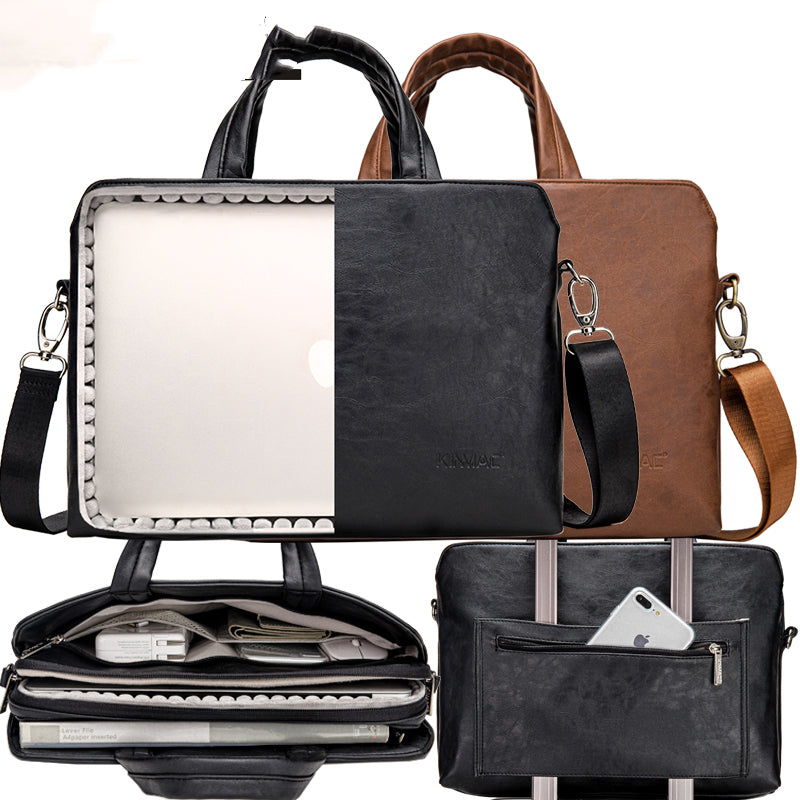 Pi-Mart handheld leather briefcase with one shoulder strap for business, featuring a classic design and sturdy handle.