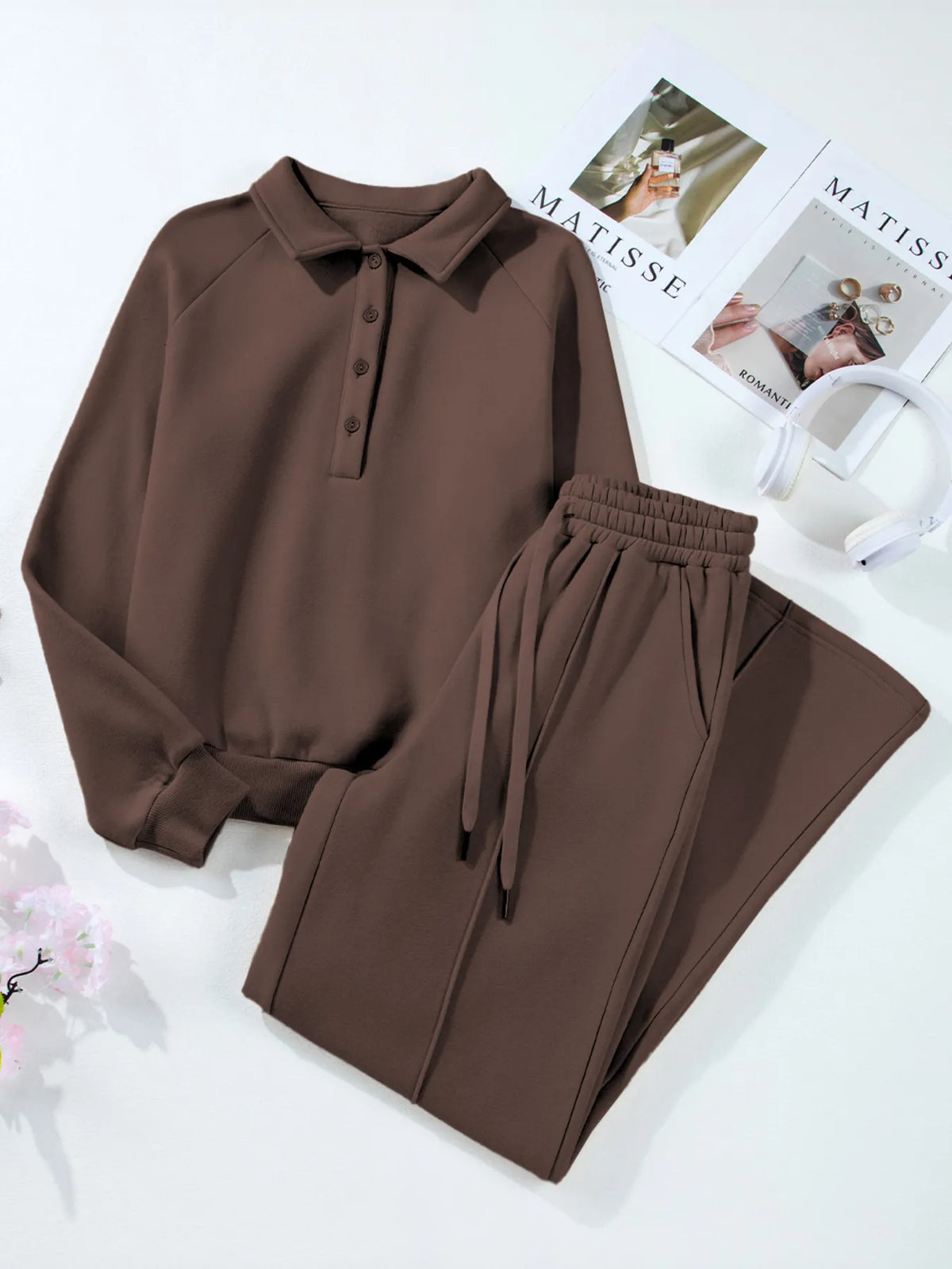 Plush Fashion Hub activewear set with a collared sweatshirt and high waist pants, perfect for comfortable workouts or casual wear.