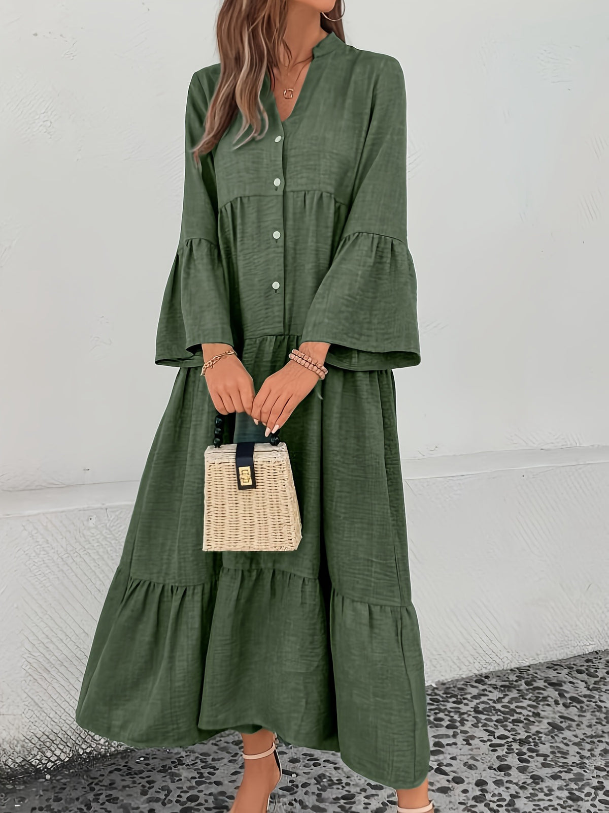 Casual cotton blend button-front tiered midi dress by Plush Fashion Hub, perfect for summer wear.