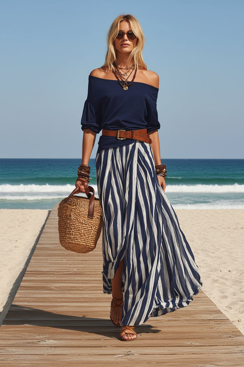Women's off-shoulder casual top and slit maxi skirt set by FitiqueFit, featuring a stylish off-shoulder design and flowy skirt.