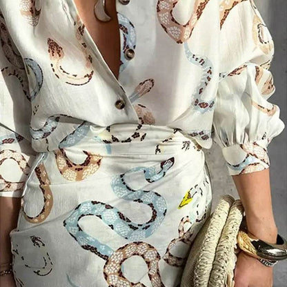 Snake Print Shirt And Skirt Suit Single-breasted Beach - Plush Fashions Shop 