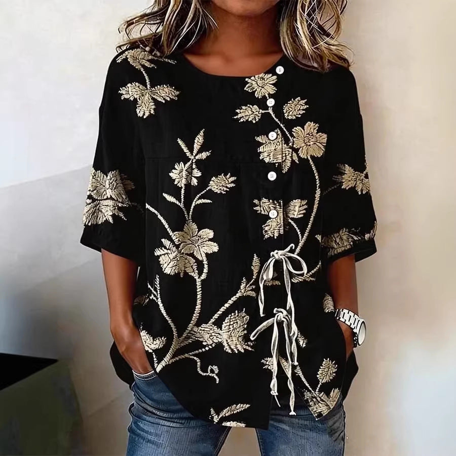 Women's floral 3D print pullover top by Plush Fashion Hub, loose fit casualwear, featuring a vibrant floral pattern and relaxed style.