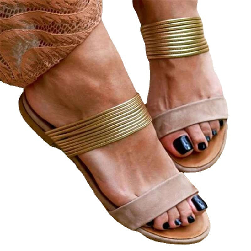 Large size women's flat sandals slippers with open toe design, beige color, and comfortable flat sole by LadyShow.Store