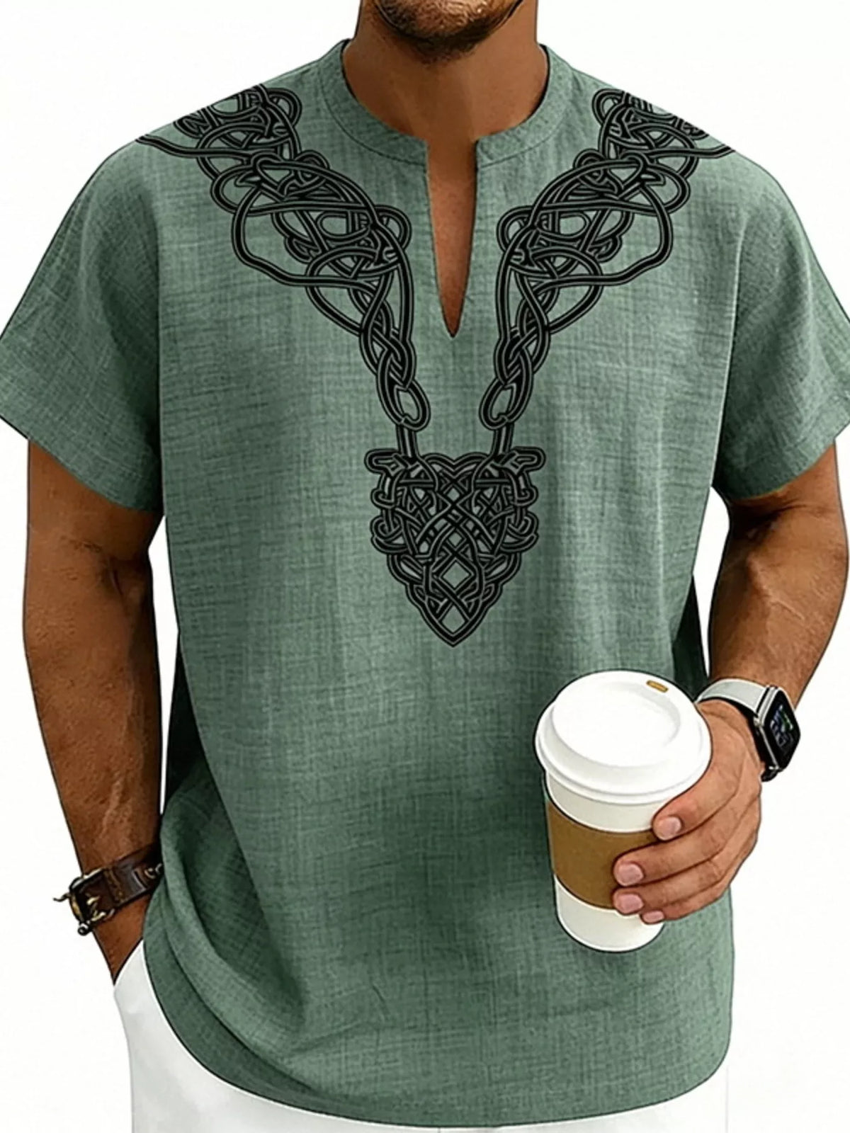 Men's plus size printed notched short sleeve blouse by Plush Fashion Hub, featuring a stylish pattern and comfortable fit.
