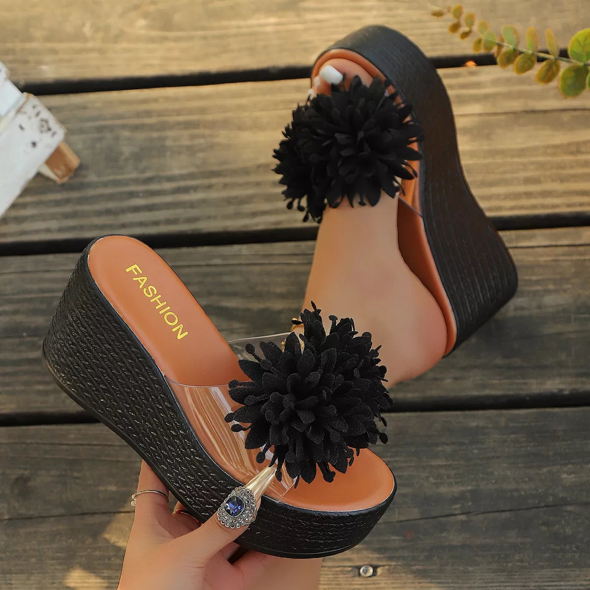 Plush Fashion Hub floral decor platform wedge sandals with colorful flower accents and comfortable ankle straps.