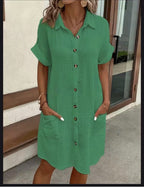 Women's casual loose short-sleeve midi shirt dress with button-down front by FitiqueFit, perfect for relaxed everyday wear.