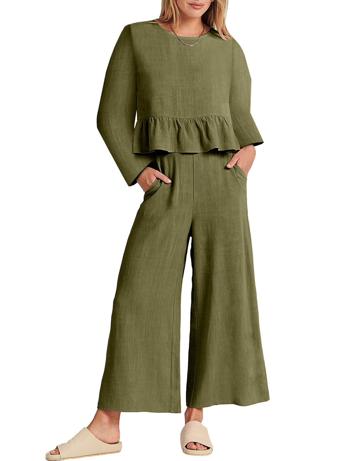 Plush Fashion Hub women's long sleeve ruffled hem top and pants lounge set with pockets, casual 2-piece outfit.