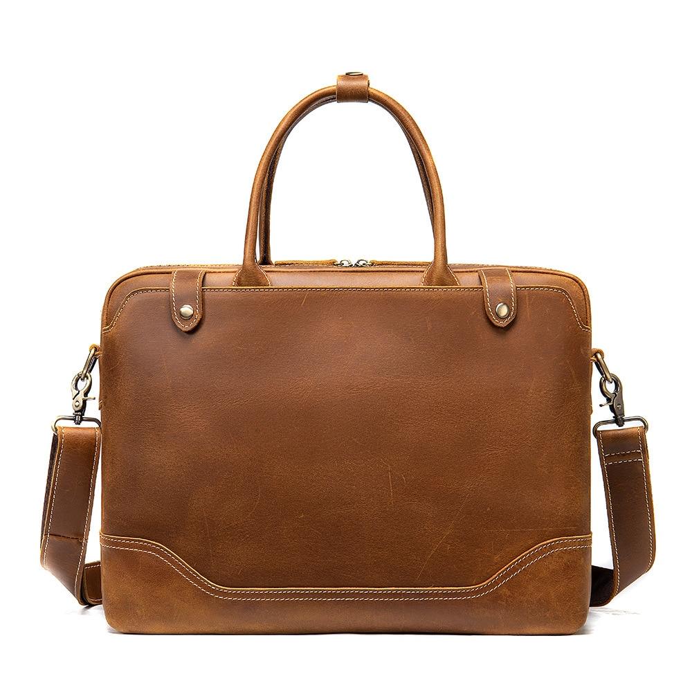 Pi-Mart Crazy Horse Leather men's briefcase with sturdy handles and classic design, perfect for professional use.
