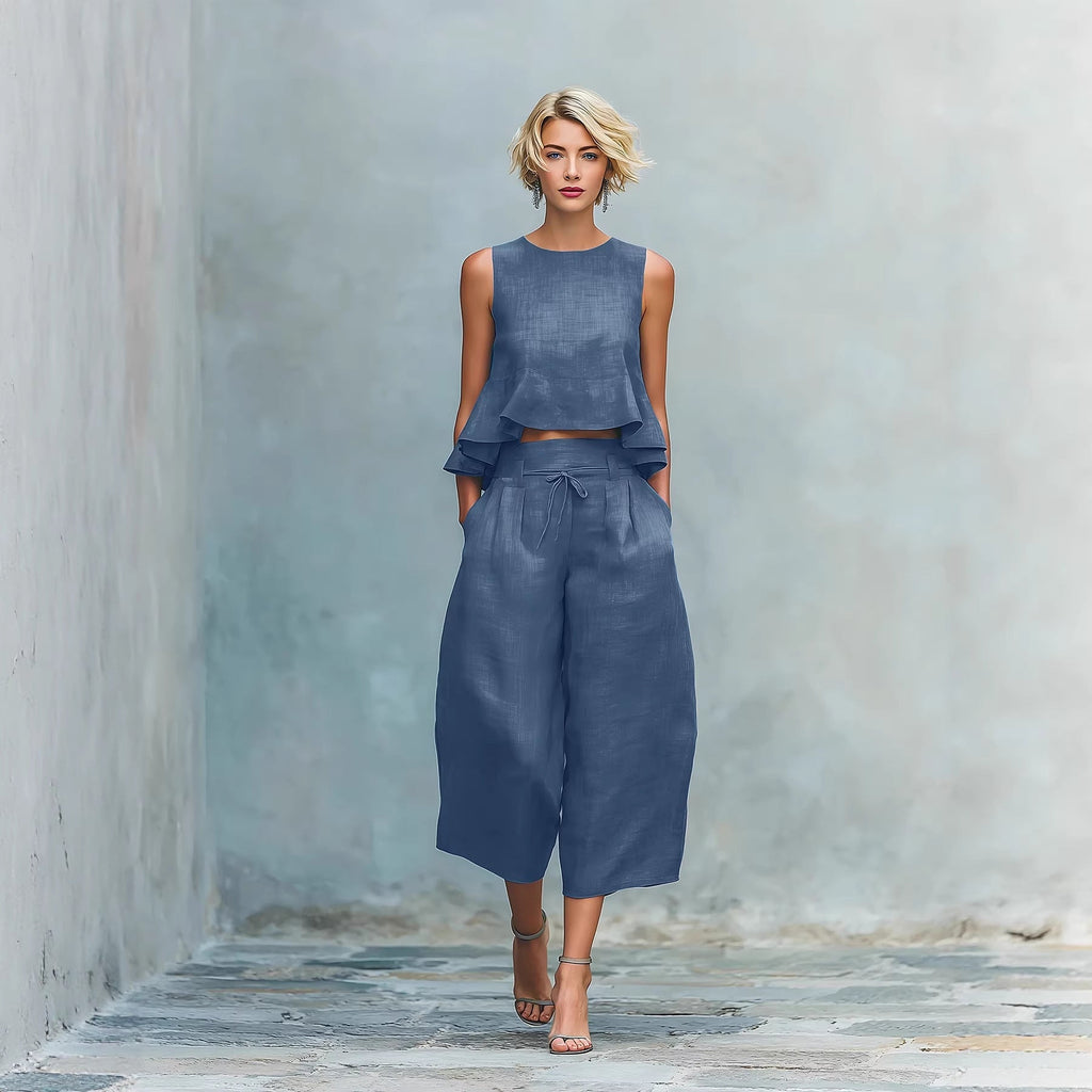 Women's linen-blend sleeveless two-piece set with ruffled detailing by Plush Fashion Hub, featuring a top and matching skirt.