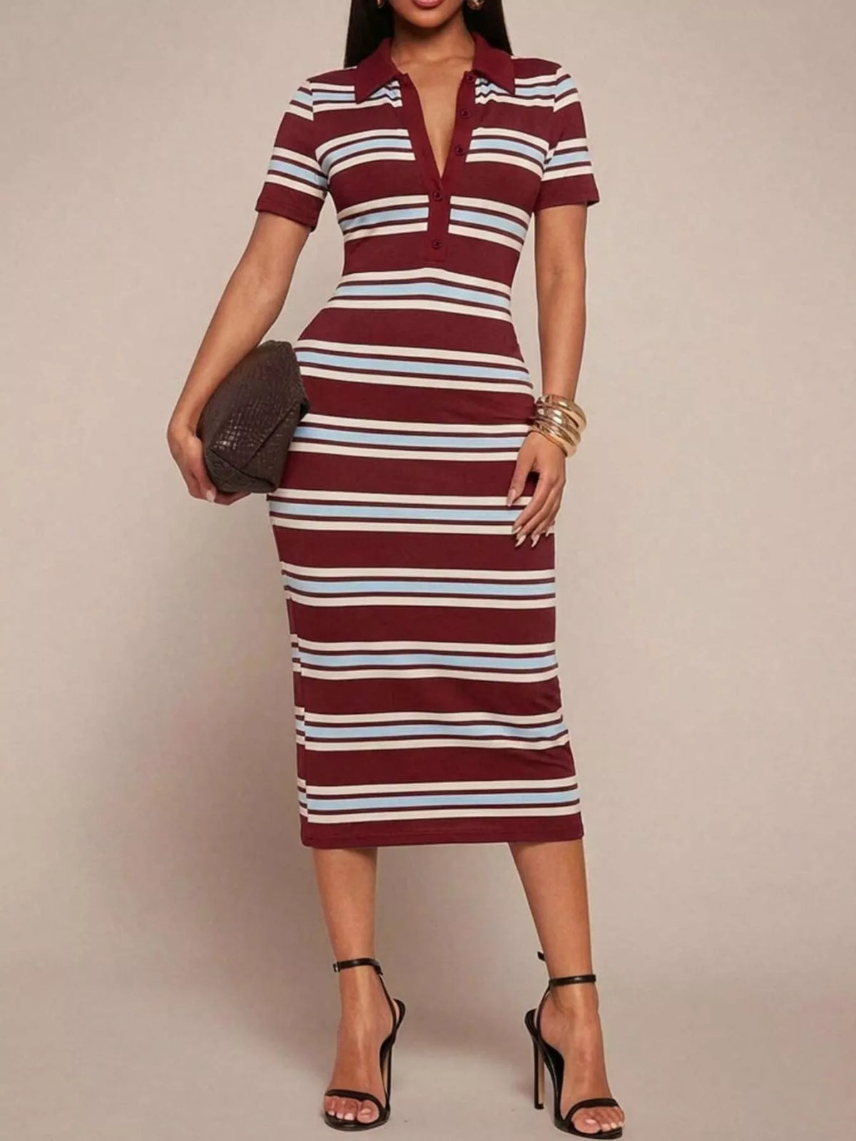 Striped polo collar midi dress by Plush Fashion Hub featuring a fitted silhouette and stylish design, perfect for casual or semi-formal wear.