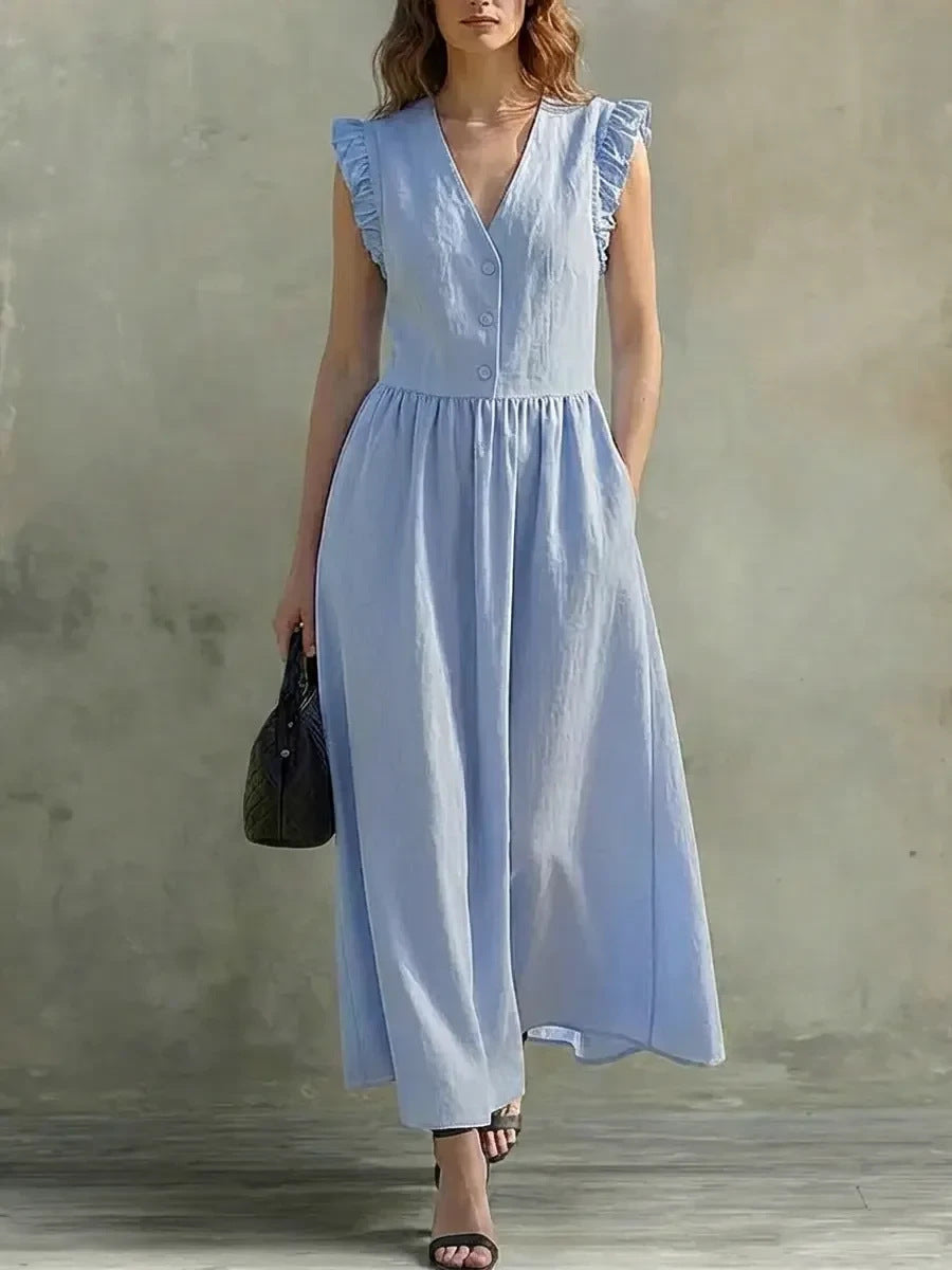 Light blue FitiqueFit V-neck puff-sleeve casual dress with pockets, made of cotton linen, featuring a relaxed fit and stylish design.