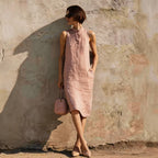 Women's sleeveless A-line midi dress in solid color cotton linen fabric, casual summer dress by Plush Fashion Hub.