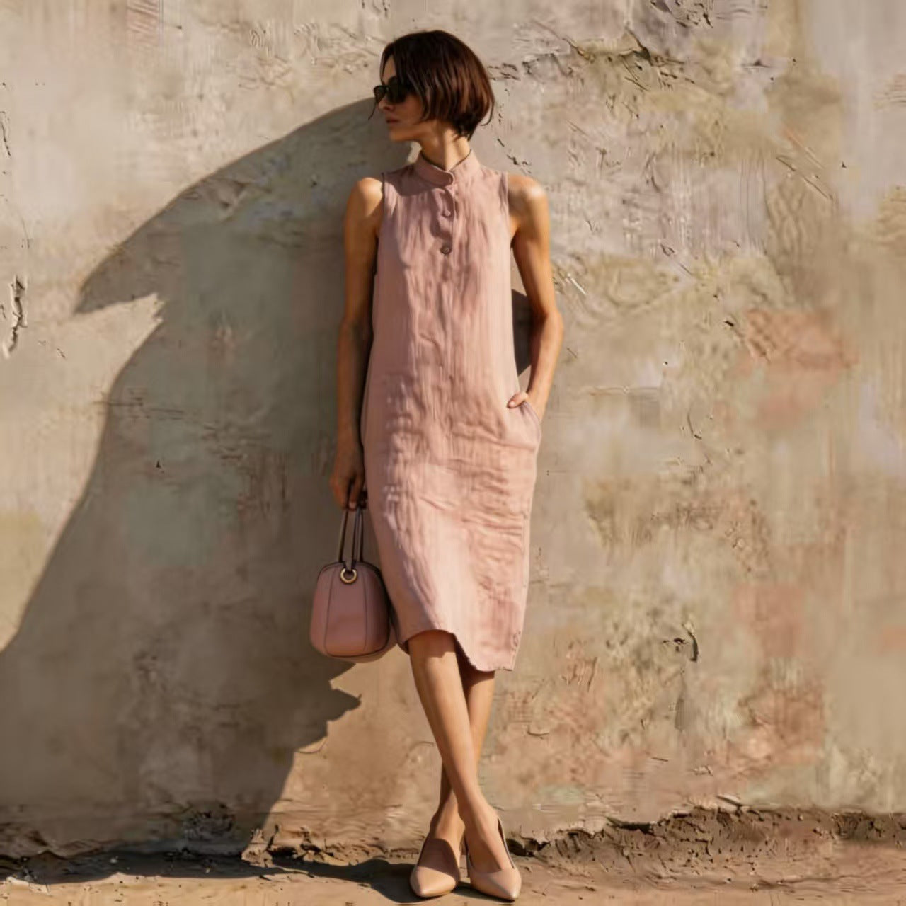 Women's sleeveless A-line midi dress in solid color cotton linen fabric, casual summer dress by Plush Fashion Hub.
