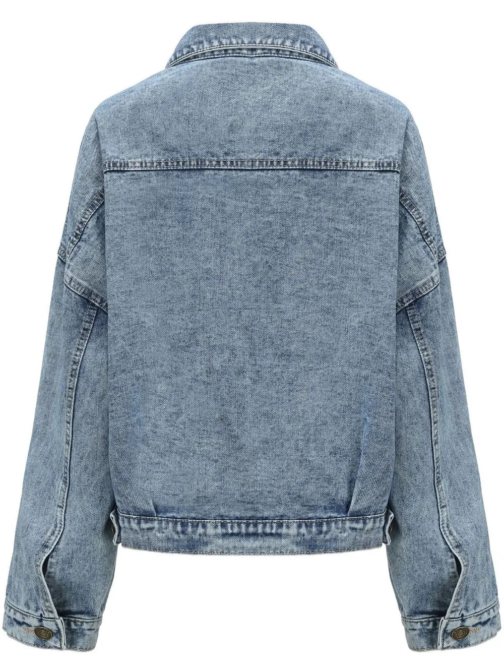 Light blue denim jacket with drop shoulder design, button-down front, casual style, by Trendsi.
