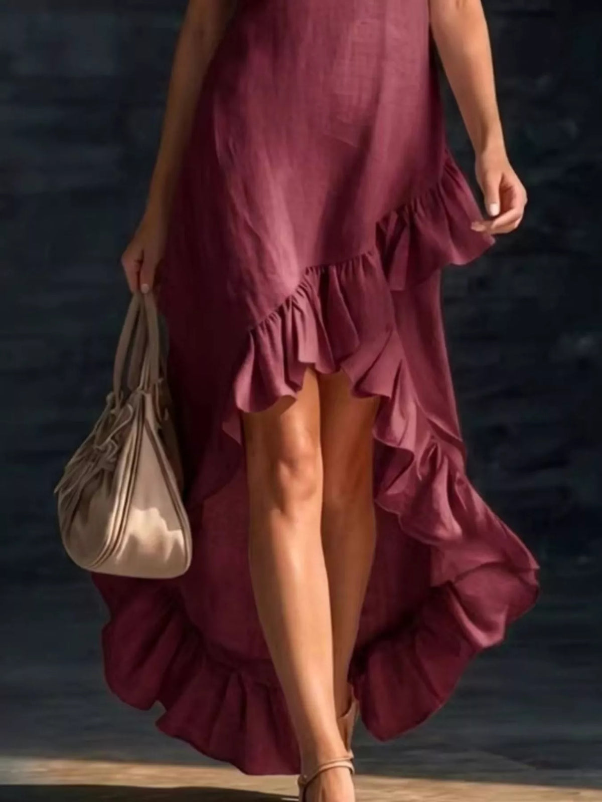 Plus size V-neck ruffle hem high-low dress by Plush Fashion Hub, featuring a flowing silhouette and elegant design.