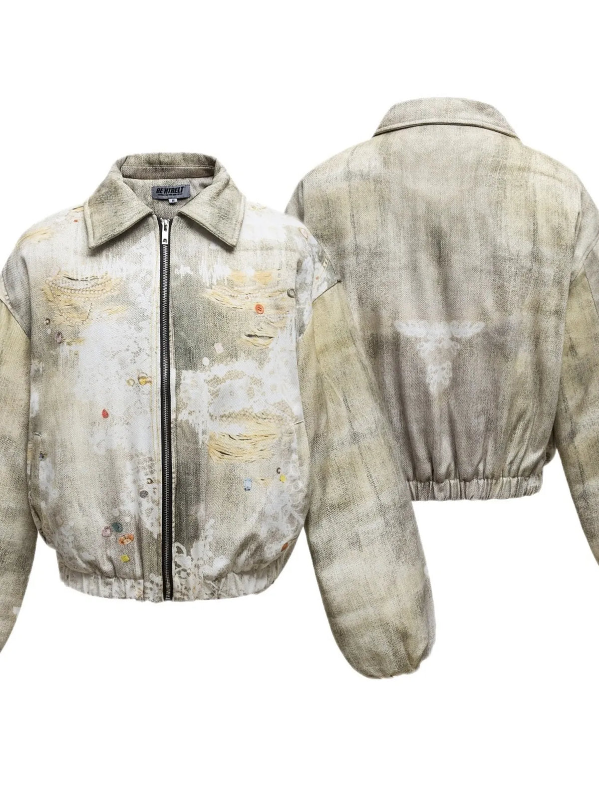 Men's distressed paint splatter zip-up jacket, trendy outerwear with a casual, artistic design in black and white.