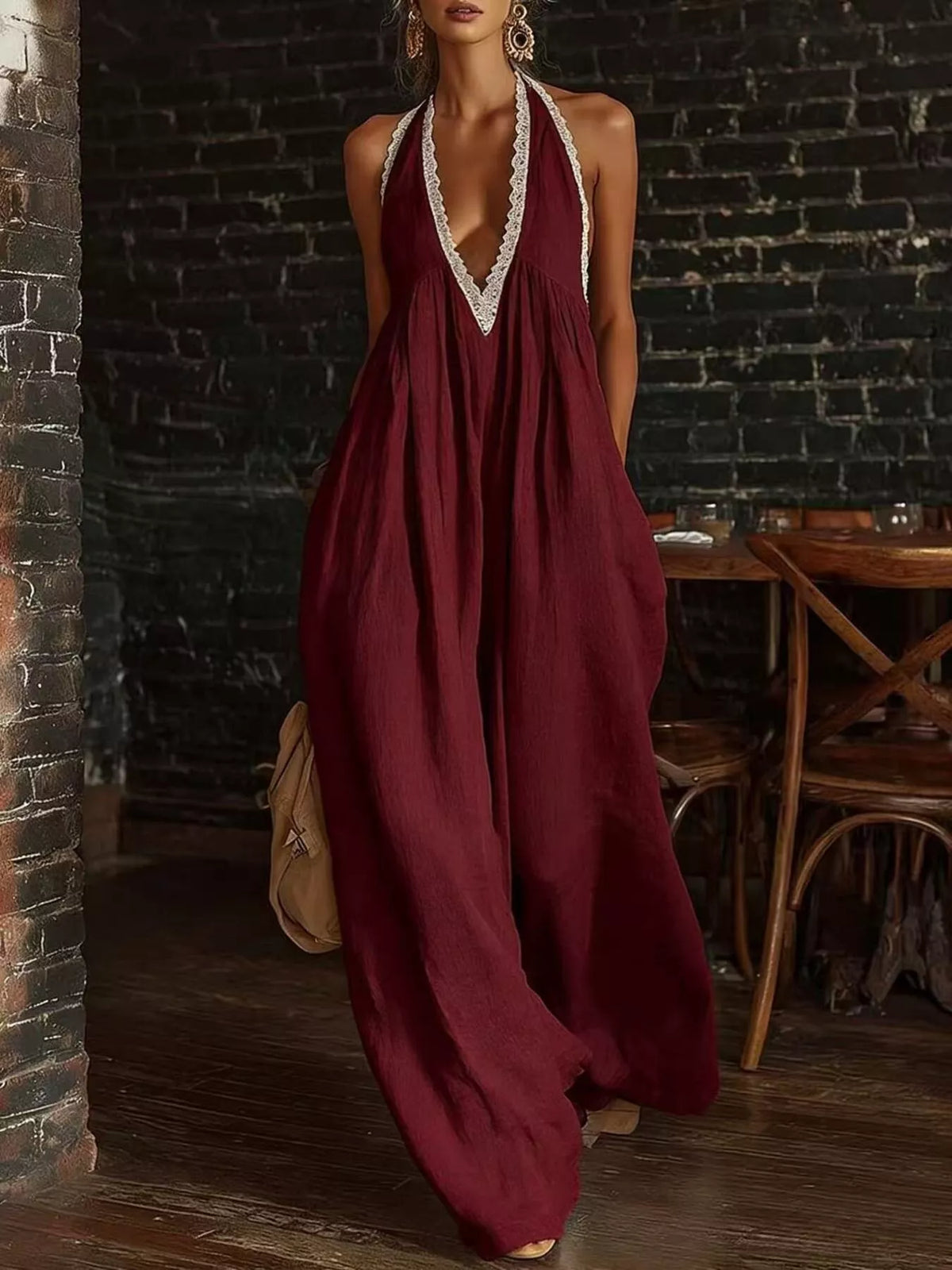 Plus size halter neck lace trim wide-leg jumpsuit from Plush Fashion Hub, featuring a stylish design and full-size fit.