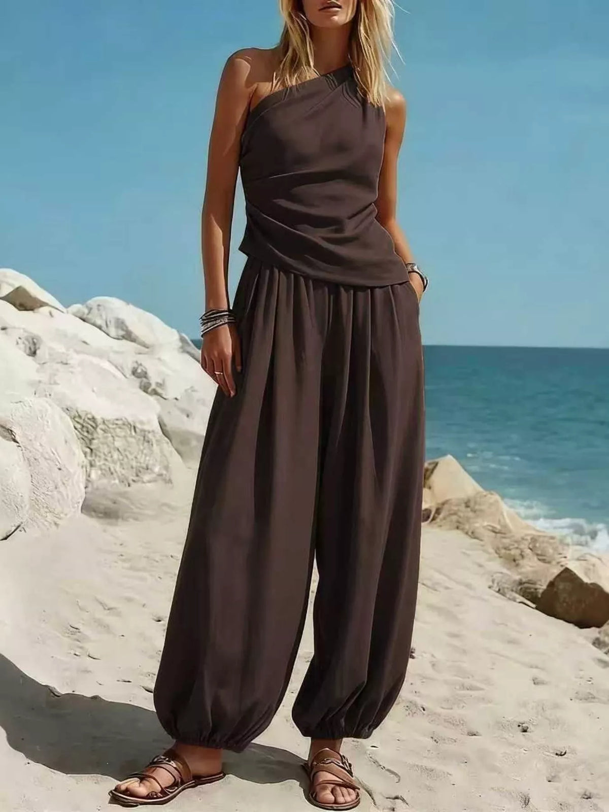 Plus size one-shoulder top and wide-leg pants set by Plush Fashion Hub, stylish and comfortable full size outfit.