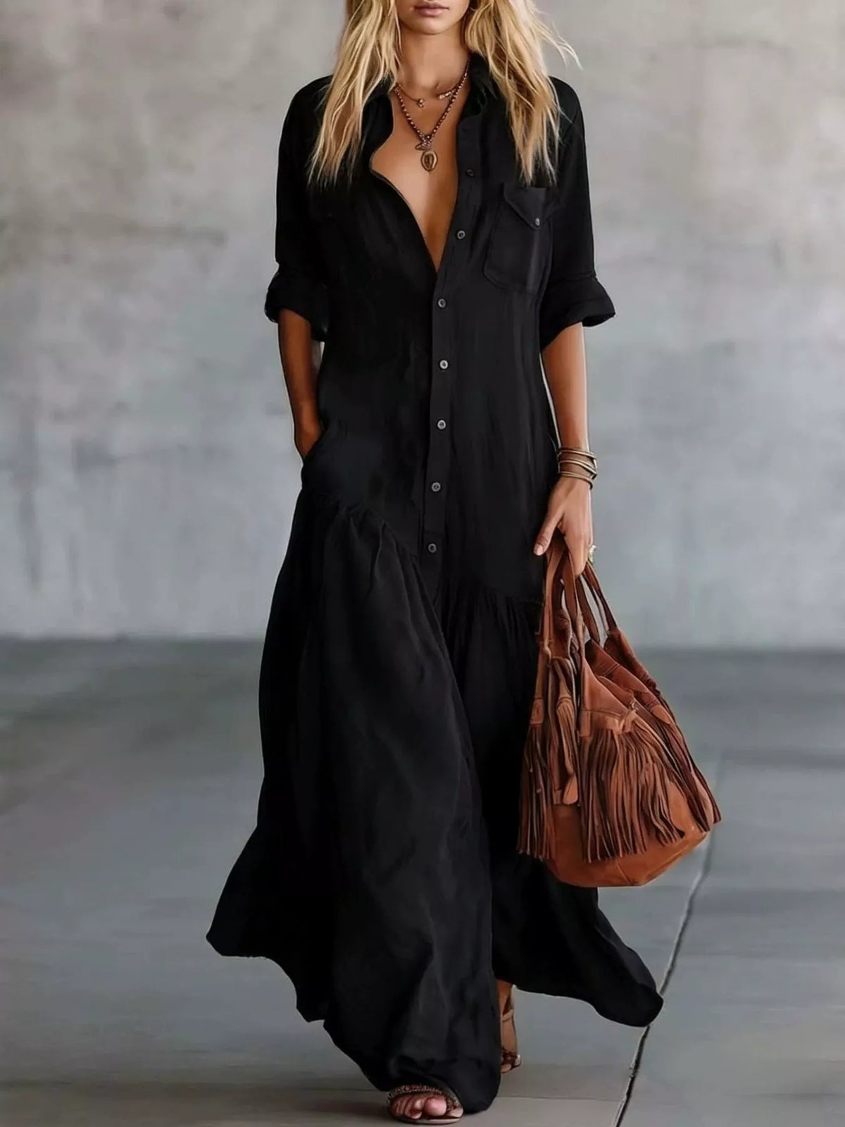 Plus size button-front maxi dress with roll-up sleeves by Plush Fashion Hub, featuring a flowing silhouette and stylish design.