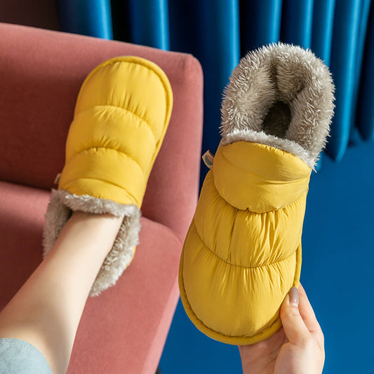 Thick non-slip cotton shoes for women in yellow, with plush lining for warmth and comfort.