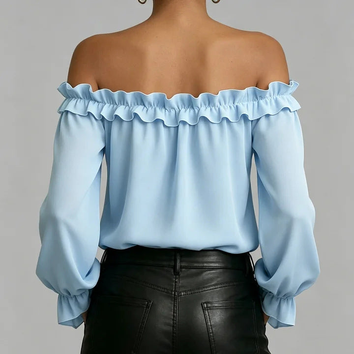 Women's ruffle off-shoulder blouse with 3/4 sleeves from Plush Fashion Hub, featuring an elegant and stylish design.