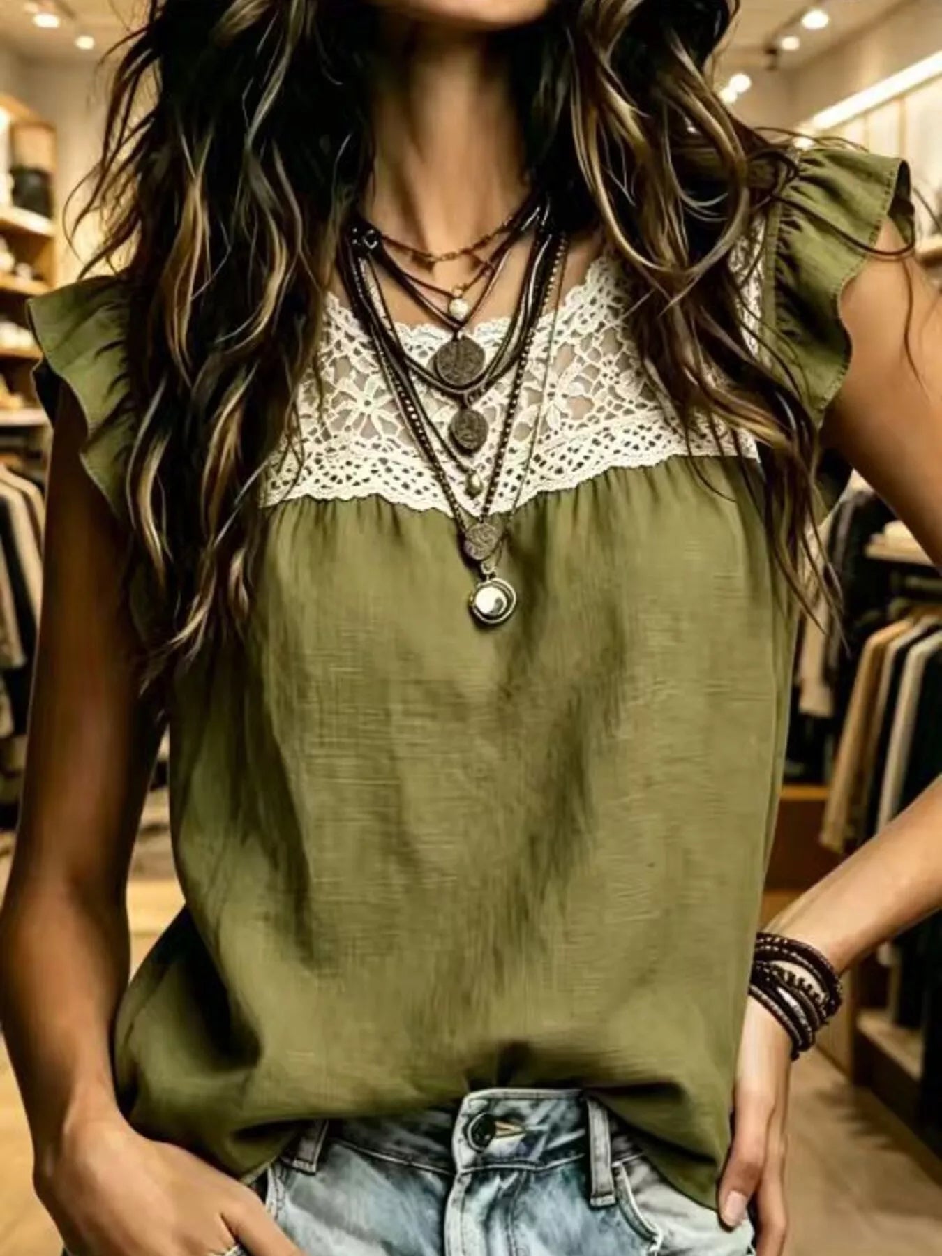 Plus size short sleeve lace trim ruffle sleeve blouse by Trendsi, featuring a stylish and feminine design with lace details.