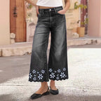 Women's cropped denim jeans with chrysanthemum embroidery and loose straight-leg fit by Plush Fashion Hub, casualwear style.