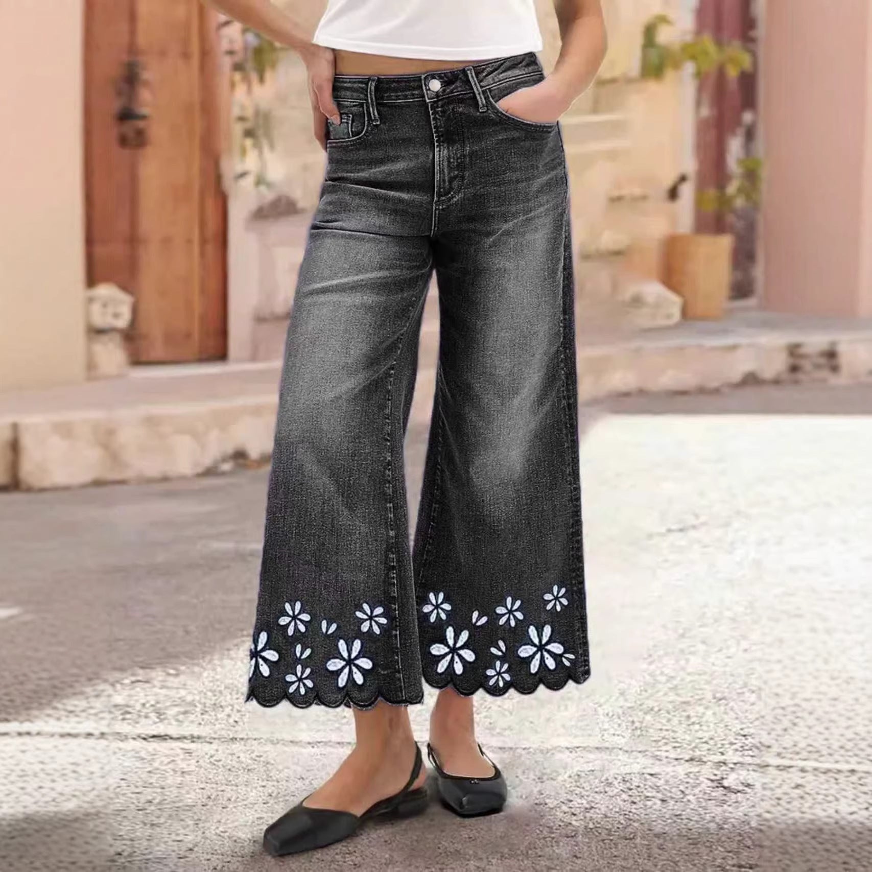 Women's cropped denim jeans with chrysanthemum embroidery and loose straight-leg fit by Plush Fashion Hub, casualwear style.