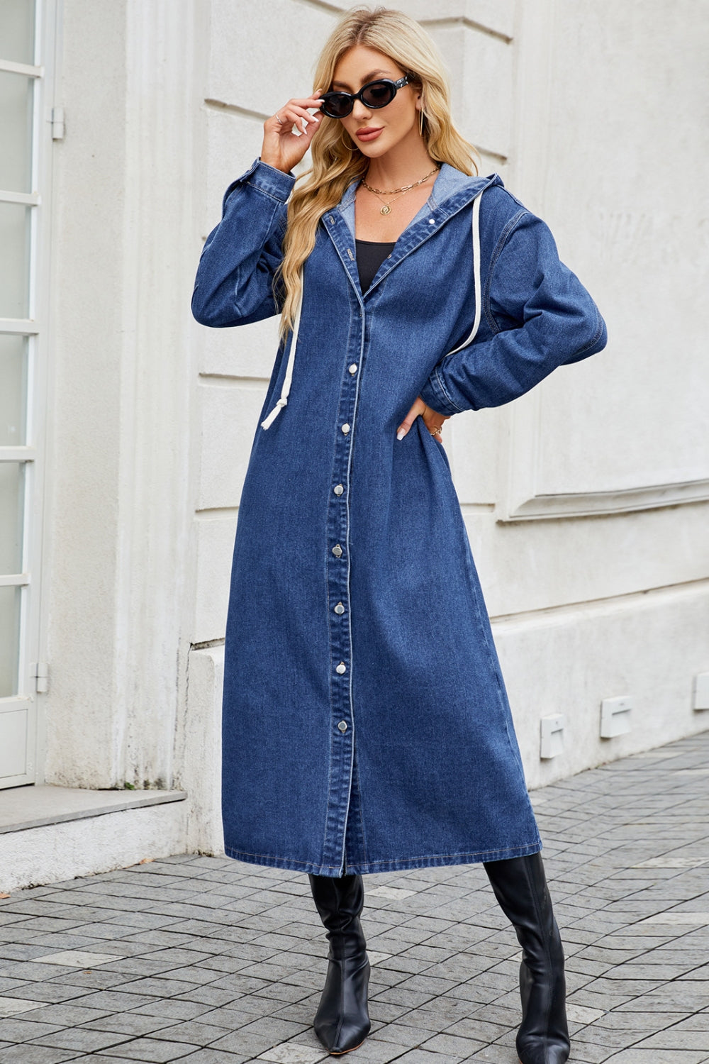 Longline hooded denim button-up long sleeve outerwear by Plush Fashion Hub, featuring a casual fit and classic denim design.