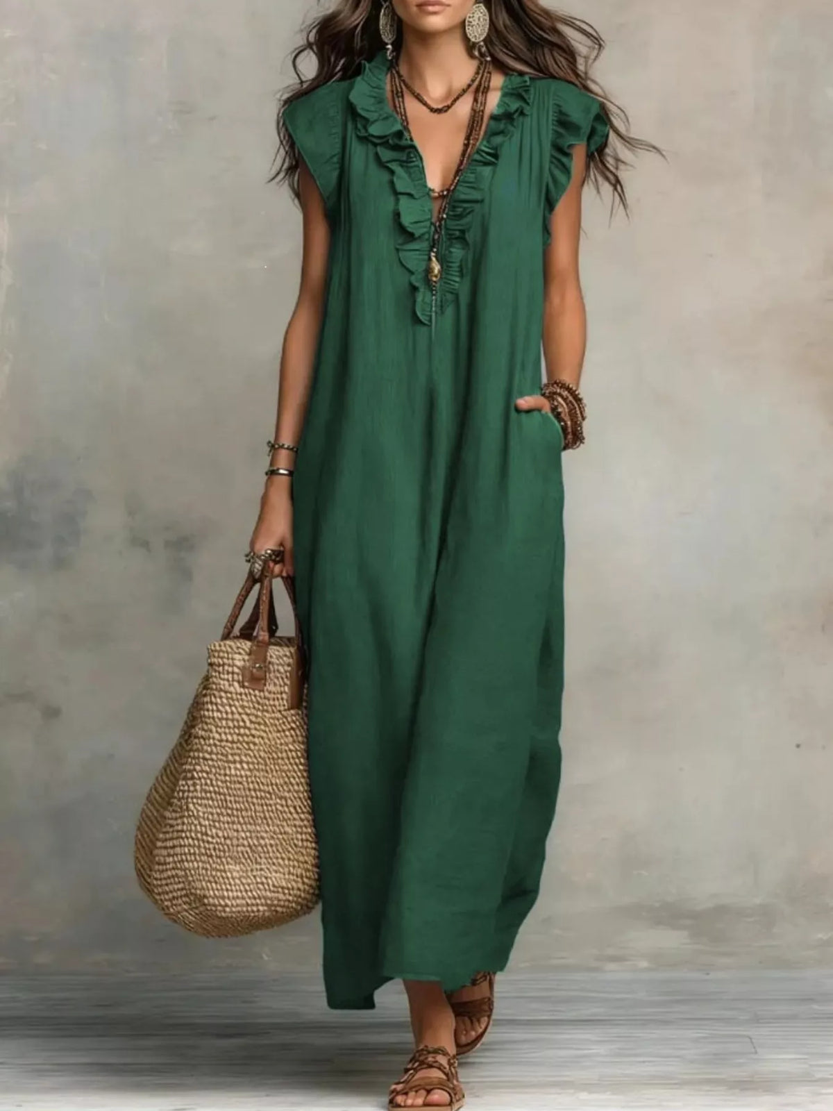 Plush Fashion Hub ruffled V-neck maxi dress in soft fabric, flowing design with ruffle details and a relaxed fit.