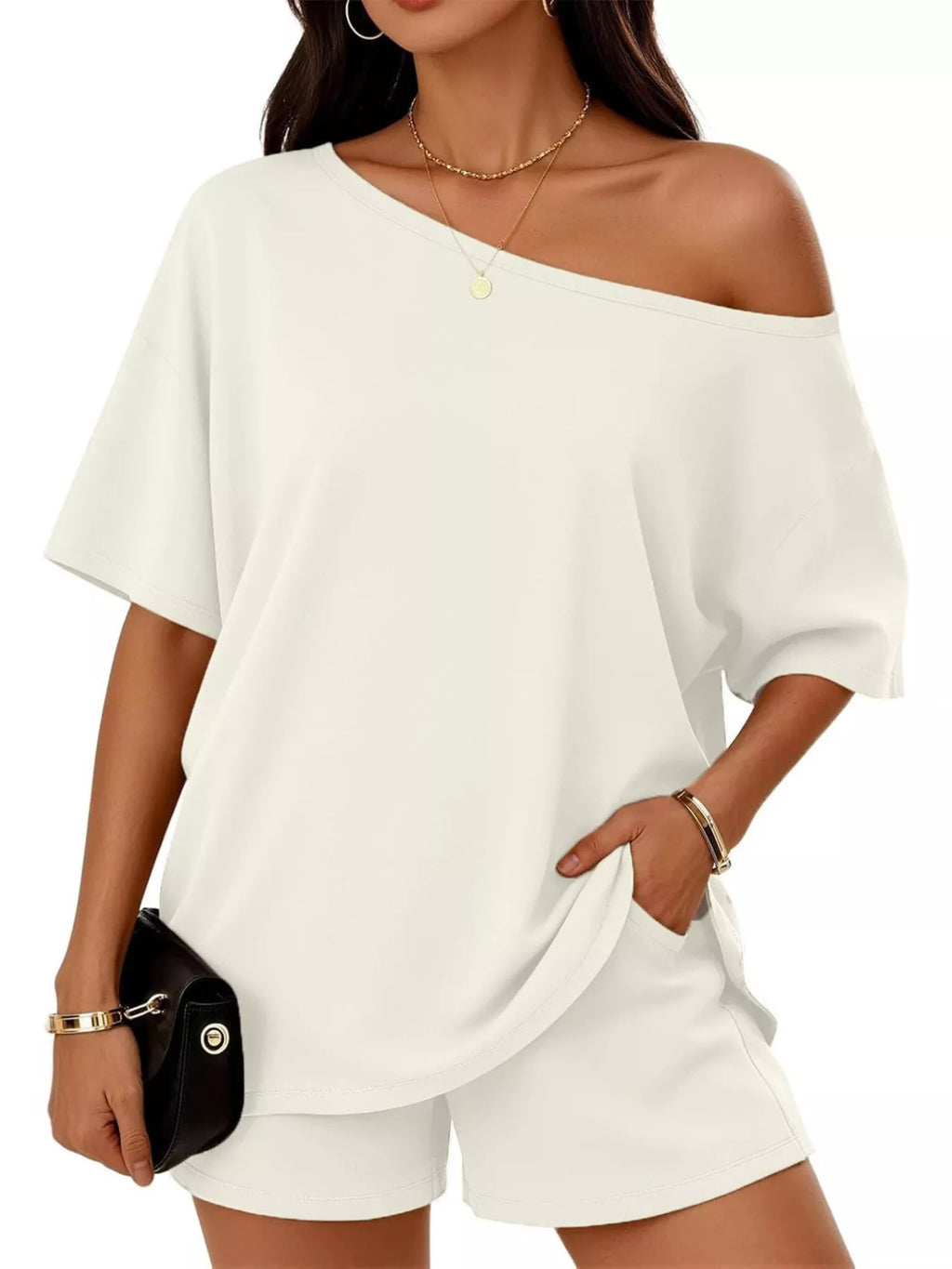 Plus size Trendsi one shoulder top and shorts set, featuring a stylish full-size top and matching shorts for a casual look.