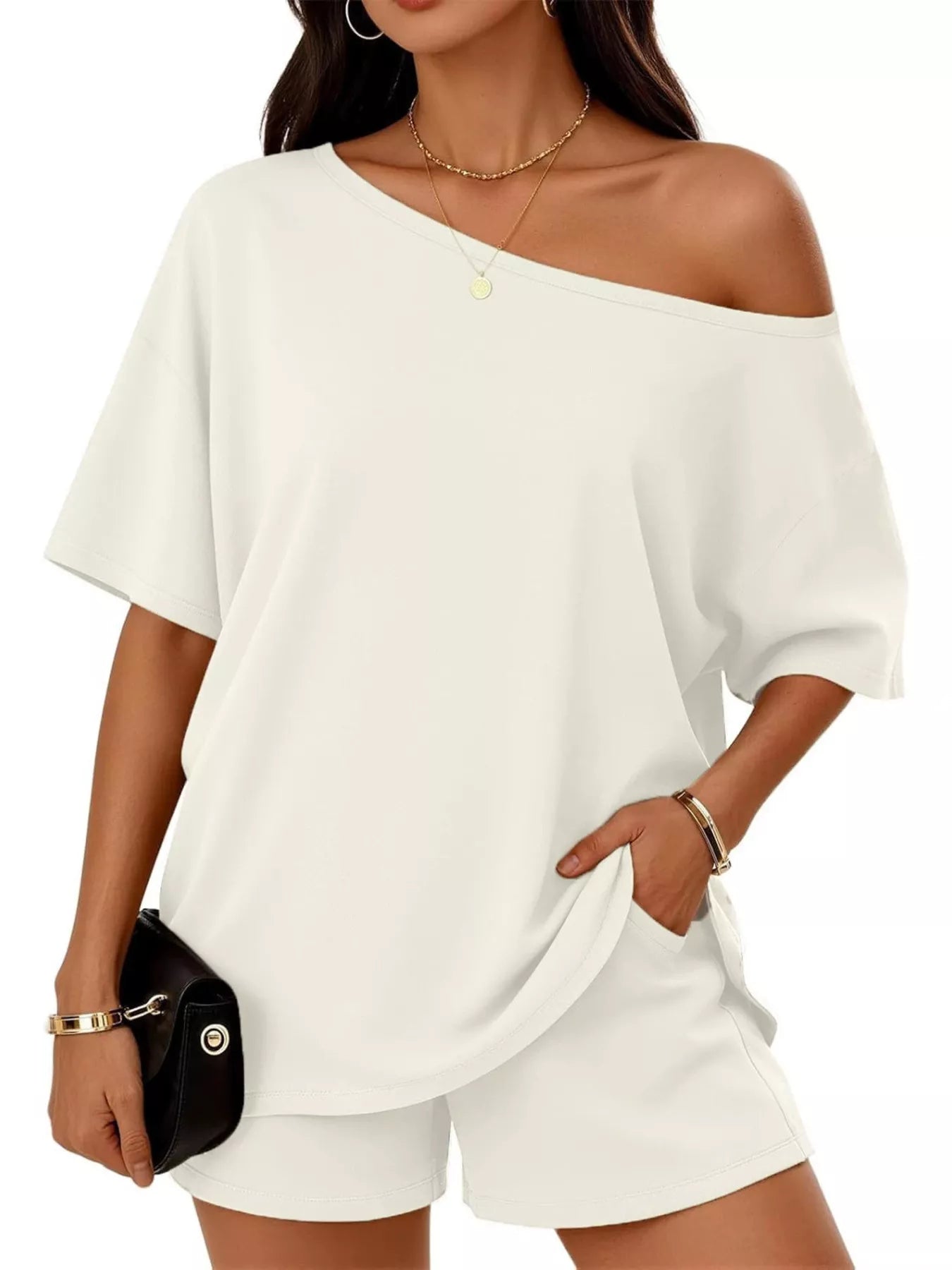 Plus size Trendsi one shoulder top and shorts set, featuring a stylish full-size top and matching shorts for a casual look.