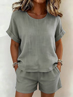FitiqueFit solid-color cotton linen t-shirt and shorts set in various colors, casualwear for comfortable everyday style.