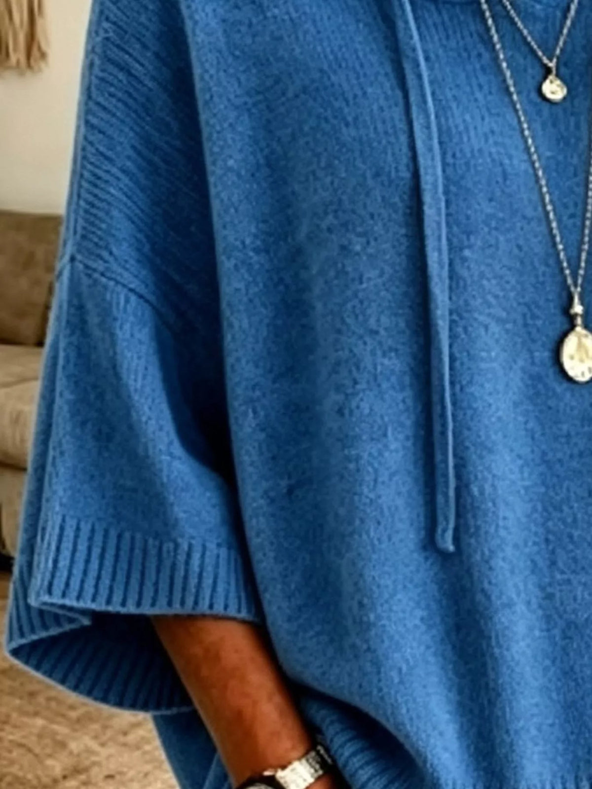 Full size drawstring hooded sweater with 3/4 sleeves from Trendsi, featuring a cozy plus size design and casual style.