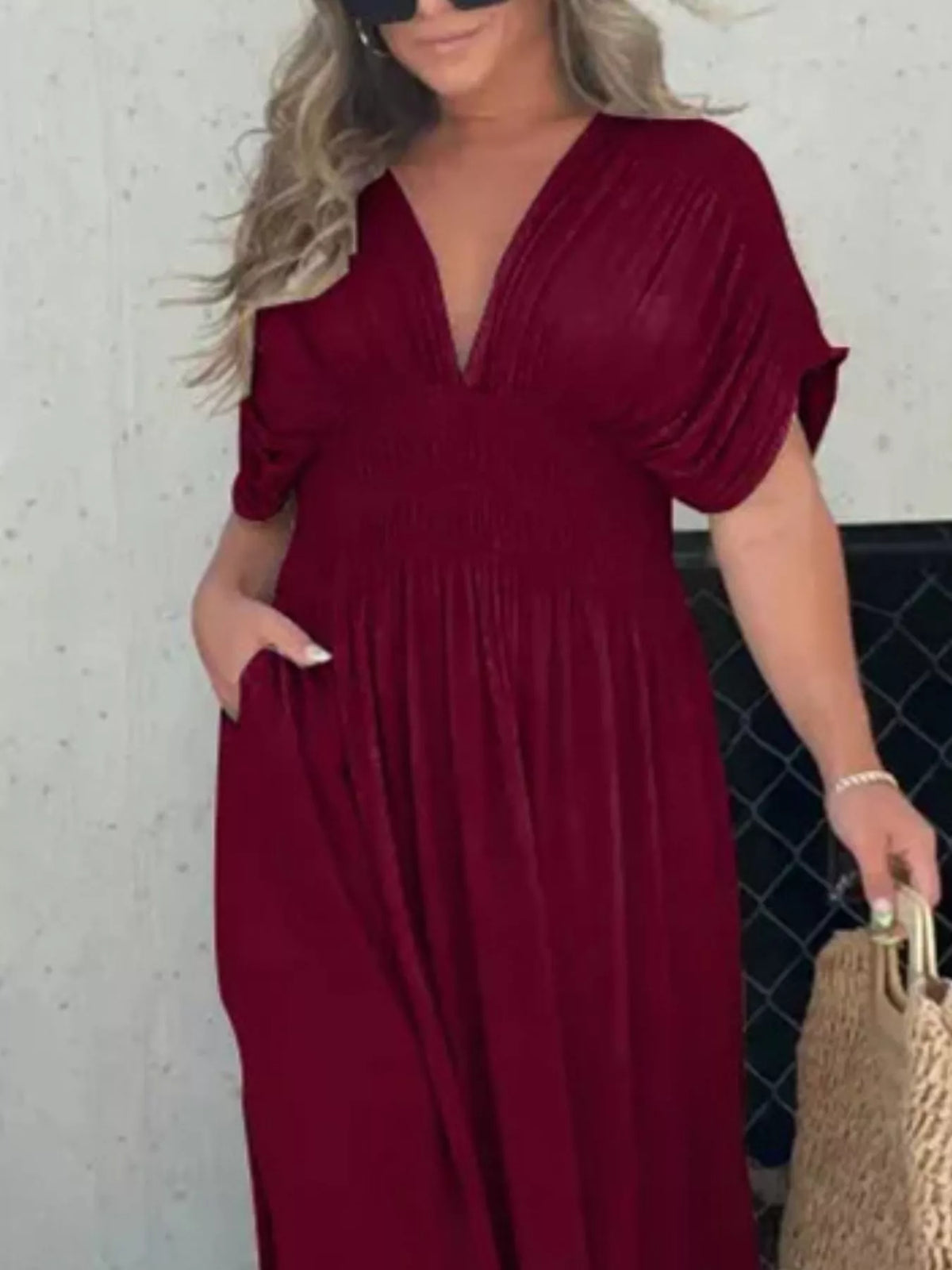 Plus size full slit V-neck maxi dress with smocked waist from Plush Fashion Hub, featuring flowy fabric and elegant design.