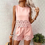 Women's elegant hollow-out floral casualwear top and pants set by FitiqueFit, featuring stylish floral detailing and comfortable fit.