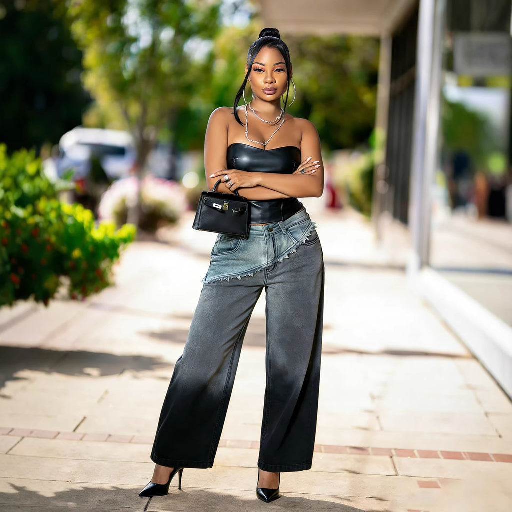 Street Style Gradient Patchwork Frayed Jeans