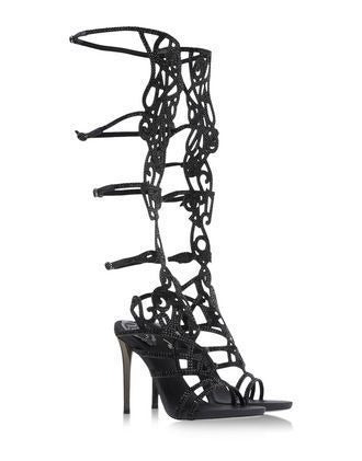 Embellished suede laser-cut Roman sandals by Plush Fashion Hub featuring intricate cutout designs and stylish ankle straps.