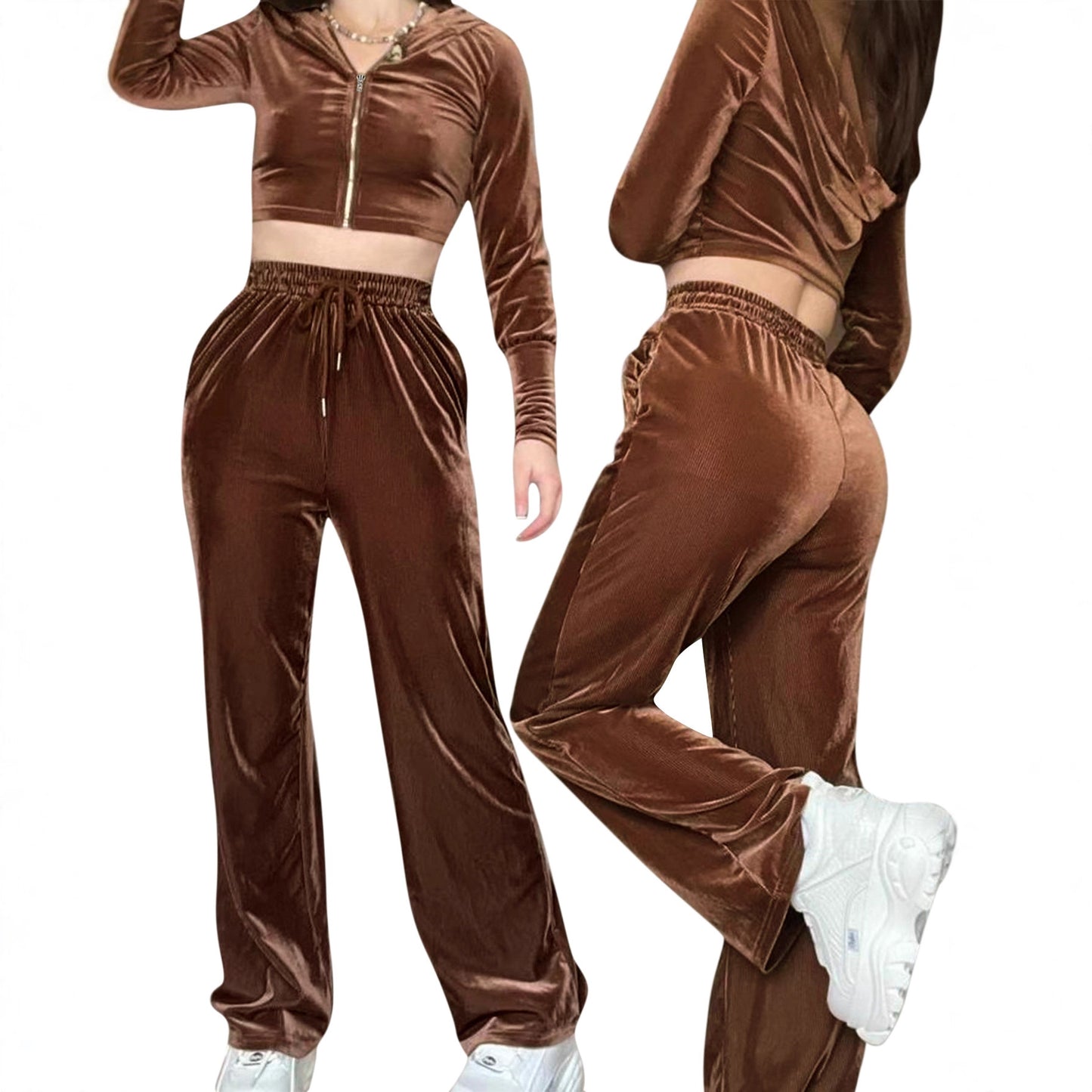 Plush Fashion Hub cozy zip-front hooded lounge set with drawstring pockets, featuring soft fabric and casual, comfortable style.