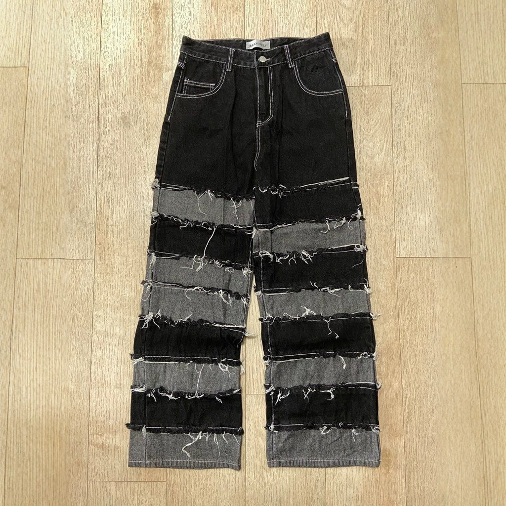 Women's Deconstructed Black & Gray Patchwork Straight Fit Denim Jeans