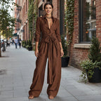 Women's casual two-piece set with collar long sleeve top and high-waist pants in various colors by FitiqueFit.