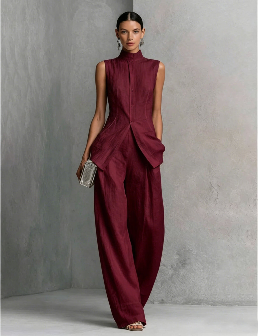 Women's sleeveless solid color casual two-piece set with long pants by FitiqueFit, available in four colors, XS to XXL.
